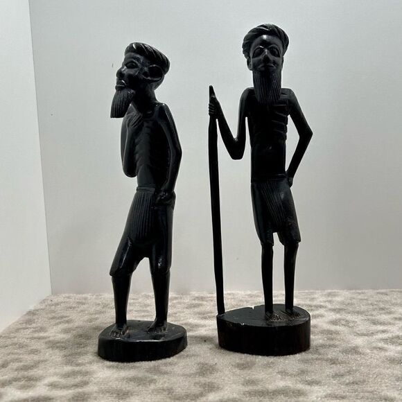 Vintage Pair of Hand Carved Tanganyika East African Tribesmen Statues Ebony 10”H - Picture 7 of 12